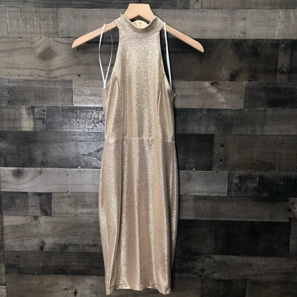 Lulu’s Metallic Champagne Halter Bodycon Dress - Picture 2 of 10